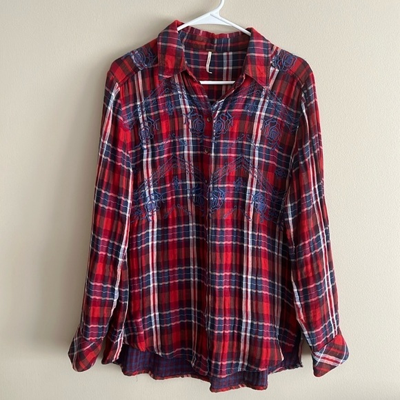 Free People Magical Plaid Buttondown Embroidered Flannel Top - Picture 4 of 11